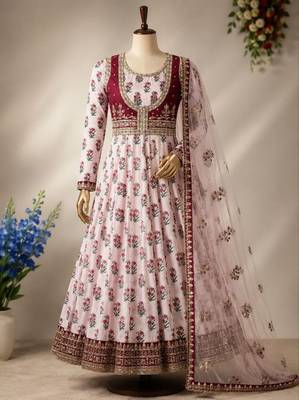 Baby Pink Color Designer Embellishment Embroidery Sequins Work Crep Printed Gown Set 2