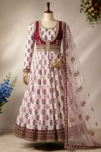 Baby Pink Color Designer Embellishment Embroidery Sequins Work Crep Printed Gown Set