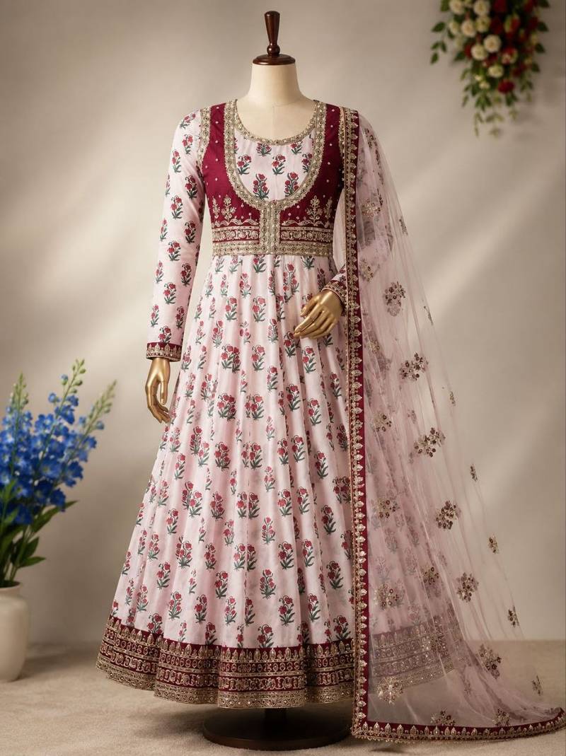 Baby Pink Color Designer Embellishment Embroidery Sequins Work Crep Printed Gown Set
