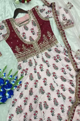 Baby Pink Color Designer Embellishment Embroidery Sequins Work Crep Printed Gown Set