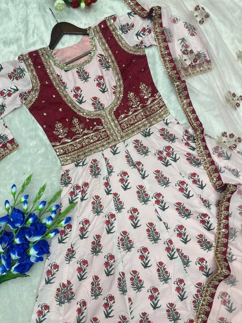 Baby Pink Color Designer Embellishment Embroidery Sequins Work Crep Printed Gown Set