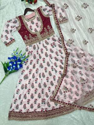 Baby Pink Color Designer Embellishment Embroidery Sequins Work Crep Printed Gown Set 4