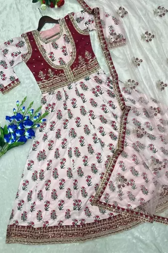 Baby Pink Color Designer Embellishment Embroidery Sequins Work Crep Printed Gown Set