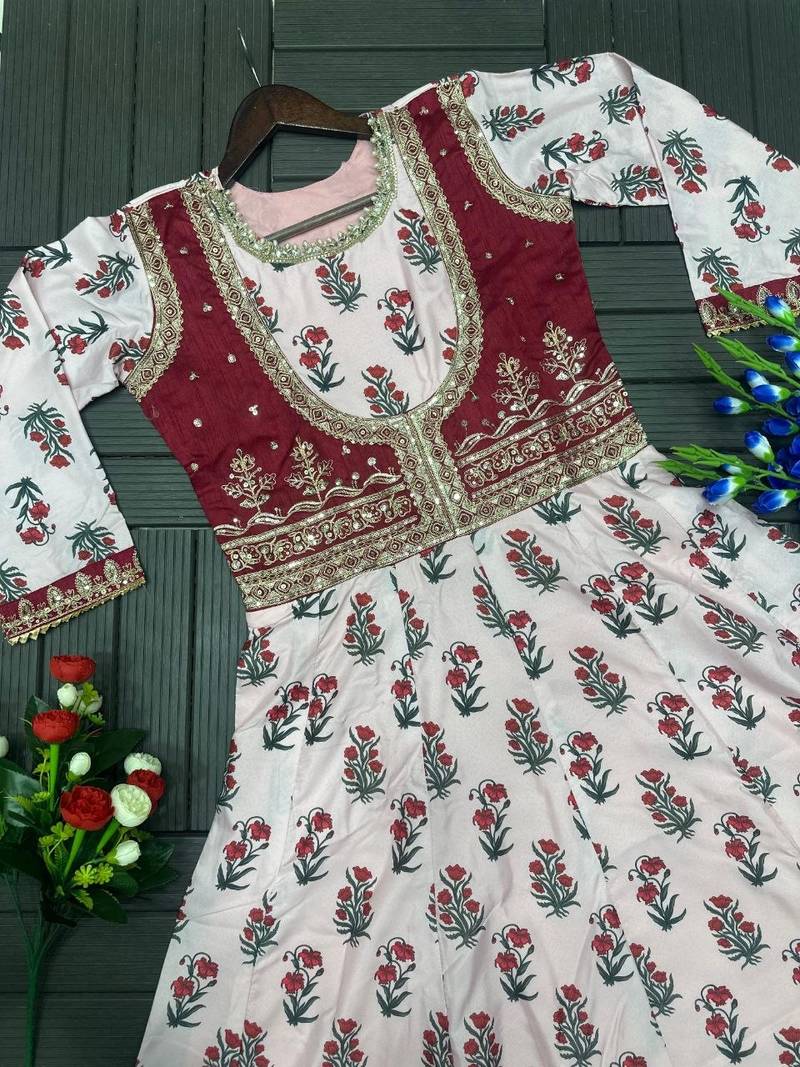 Baby Pink Color Designer Embellishment Embroidery Sequins Work Crep Printed Gown Set