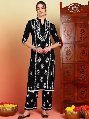Women black floral embroidered chikankari mandarin collar kurta & palazzo set 1