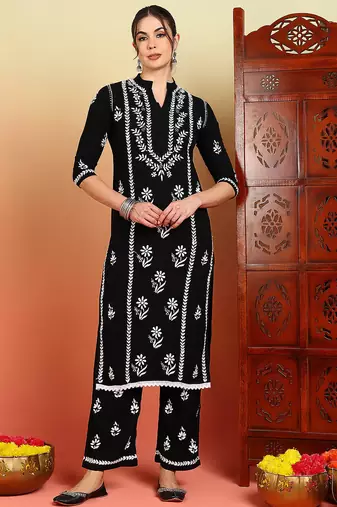 Women black floral embroidered chikankari mandarin collar kurta & palazzo set