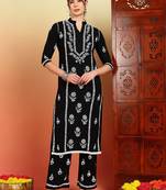 Women black floral embroidered chikankari mandarin collar kurta & palazzo set