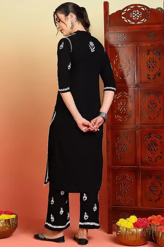 Women black floral embroidered chikankari mandarin collar kurta & palazzo set