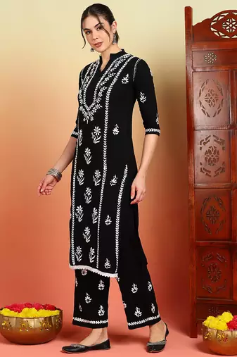 Women black floral embroidered chikankari mandarin collar kurta & palazzo set