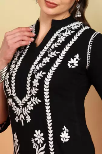 Women black floral embroidered chikankari mandarin collar kurta & palazzo set
