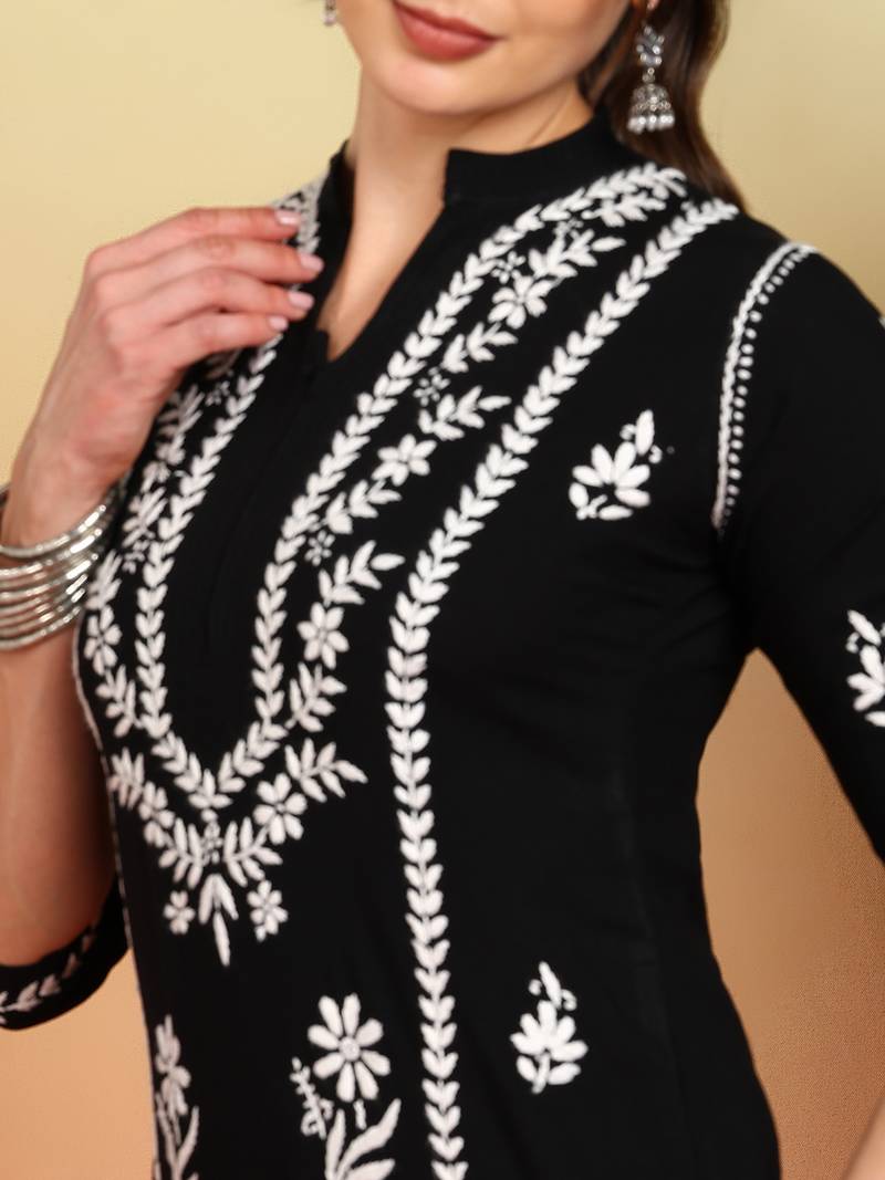 Women black floral embroidered chikankari mandarin collar kurta & palazzo set