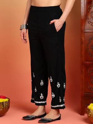 Women black floral embroidered chikankari mandarin collar kurta & palazzo set 5
