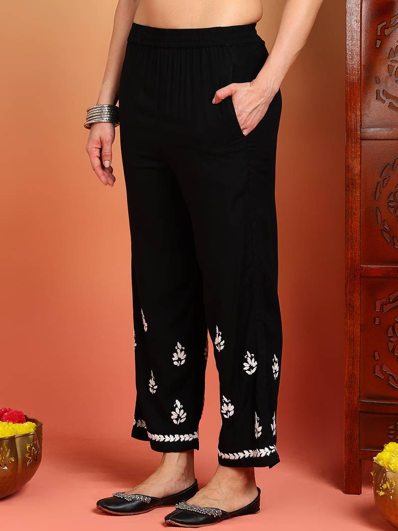 Women black floral embroidered chikankari mandarin collar kurta & palazzo set