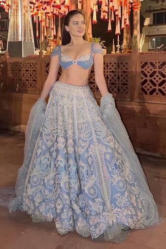 Sky Blue Party Wear Slub Silk Lehenga Choli with Embroidered Net Dupatta