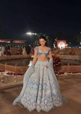 Sky Blue Party Wear Slub Silk Lehenga Choli with Embroidered Net Dupatta 2