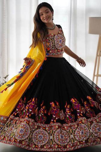 Black Faux Georgette Original Mirror Chain Stitch Chaniya Choli For Navratri Set with Yellow Dupatta
