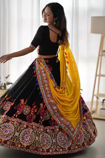 Black Faux Georgette Original Mirror Chain Stitch Chaniya Choli For Navratri Set with Yellow Dupatta