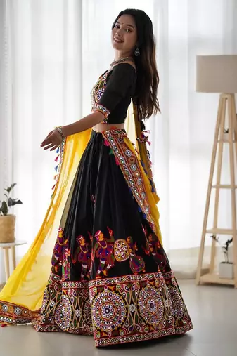 Black Faux Georgette Original Mirror Chain Stitch Chaniya Choli For Navratri Set with Yellow Dupatta