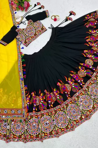 Black Faux Georgette Original Mirror Chain Stitch Chaniya Choli For Navratri Set with Yellow Dupatta