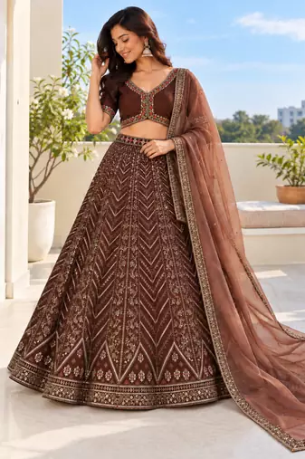Brown Thai Silk Thread, Sequins & Dori Embroidered Lehenga Choli with Matching Dupatta
