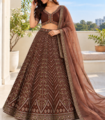 Brown Thai Silk Thread, Sequins & Dori Embroidered Lehenga Choli with Matching Dupatta