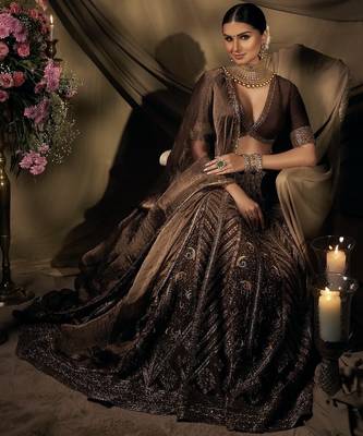Brown Thai Silk Thread, Sequins & Dori Embroidered Lehenga Choli with Matching Dupatta 1