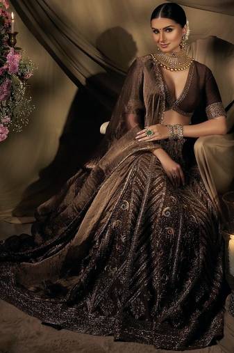 Brown Thai Silk Thread, Sequins & Dori Embroidered Lehenga Choli with Matching Dupatta