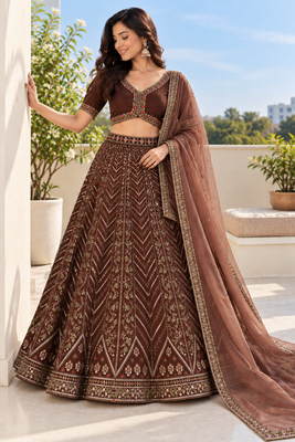 Brown Thai Silk Thread, Sequins & Dori Embroidered Lehenga Choli with Matching Dupatta 2