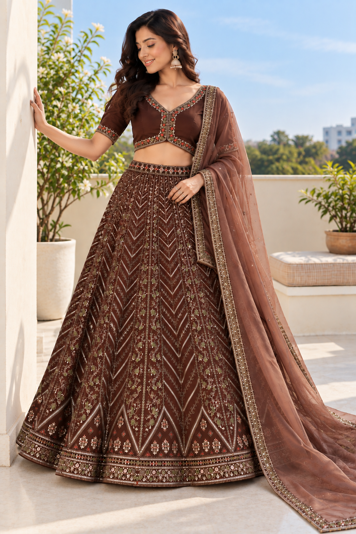 Brown Thai Silk Thread, Sequins & Dori Embroidered Lehenga Choli with Matching Dupatta