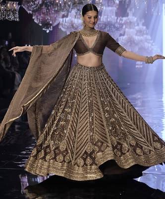 Brown Thai Silk Thread, Sequins & Dori Embroidered Lehenga Choli with Matching Dupatta 2