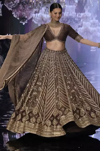 Brown Thai Silk Thread, Sequins & Dori Embroidered Lehenga Choli with Matching Dupatta