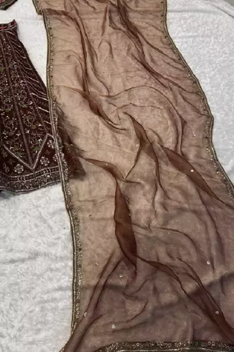 Brown Thai Silk Thread, Sequins & Dori Embroidered Lehenga Choli with Matching Dupatta