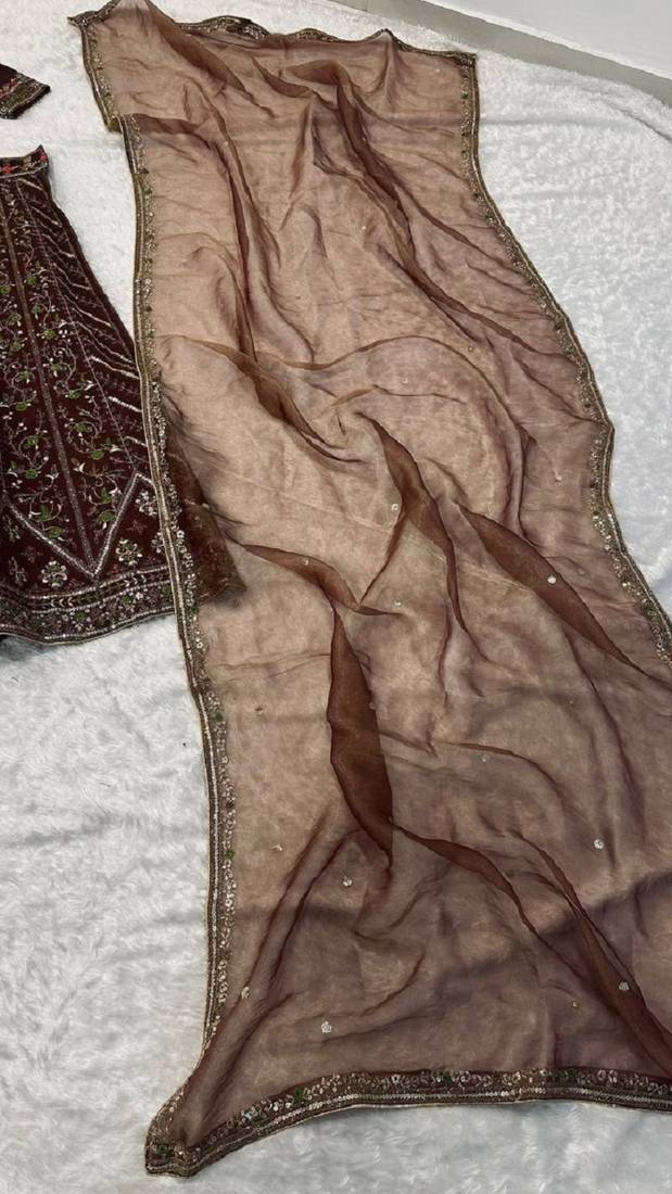 Brown Thai Silk Thread, Sequins & Dori Embroidered Lehenga Choli with Matching Dupatta