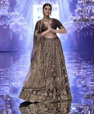 Brown Thai Silk Thread, Sequins & Dori Embroidered Lehenga Choli with Matching Dupatta 3