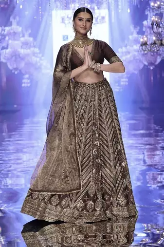 Brown Thai Silk Thread, Sequins & Dori Embroidered Lehenga Choli with Matching Dupatta