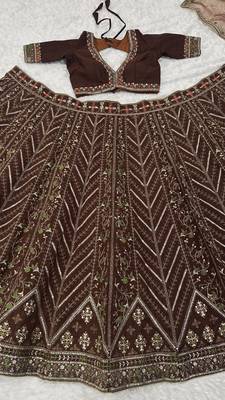 Brown Thai Silk Thread, Sequins & Dori Embroidered Lehenga Choli with Matching Dupatta 4