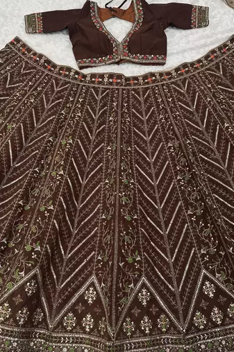 Brown Thai Silk Thread, Sequins & Dori Embroidered Lehenga Choli with Matching Dupatta