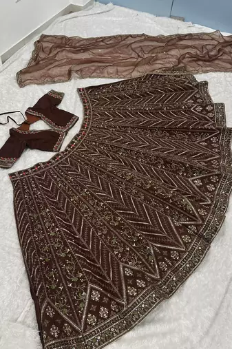 Brown Thai Silk Thread, Sequins & Dori Embroidered Lehenga Choli with Matching Dupatta