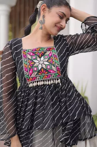 Black Traditional Kora Cotton Frill Chaniya Choli For Navratri & Festive Wear