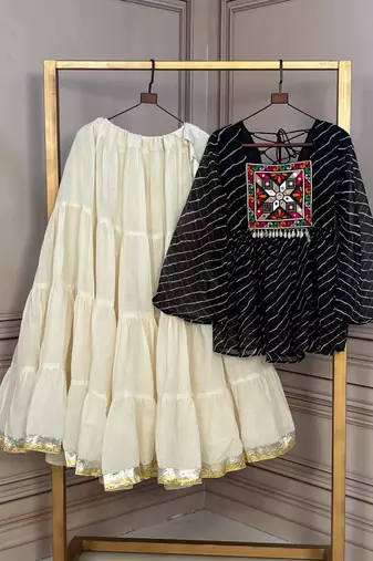 Black Traditional Kora Cotton Frill Chaniya Choli For Navratri & Festive Wear