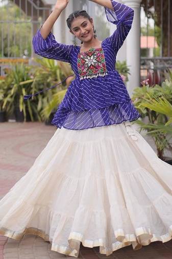 Royal Purple Traditional Kora Cotton Frill Chaniya Choli For Navratri set & Festive Wear