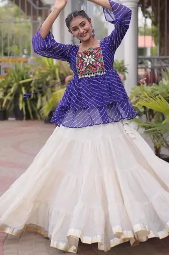 Royal Purple Traditional Kora Cotton Frill Chaniya Choli For Navratri set & Festive Wear