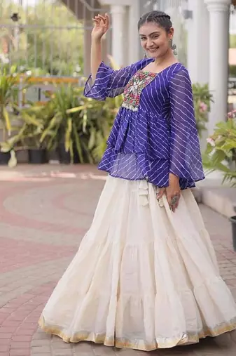 Royal Purple Traditional Kora Cotton Frill Chaniya Choli For Navratri set & Festive Wear