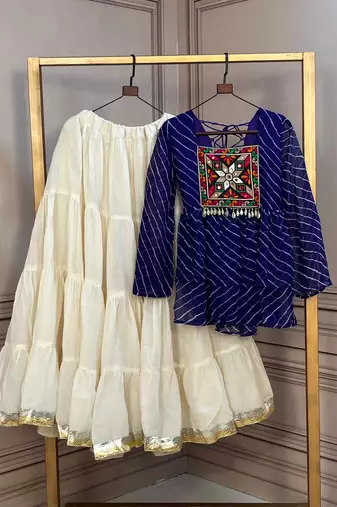 Royal Purple Traditional Kora Cotton Frill Chaniya Choli For Navratri set & Festive Wear