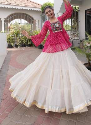 Hot Pink Traditional Kora Cotton Frill Chaniya Choli For Navratri Set & Festive Wear 1