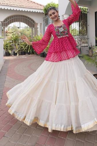 Hot Pink Traditional Kora Cotton Frill Chaniya Choli For Navratri Set & Festive Wear
