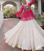 Hot Pink Traditional Kora Cotton Frill Chaniya Choli For Navratri Set & Festive Wear