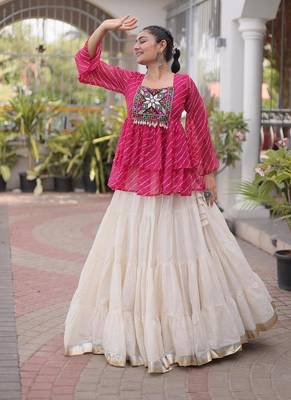 Hot Pink Traditional Kora Cotton Frill Chaniya Choli For Navratri Set & Festive Wear 2