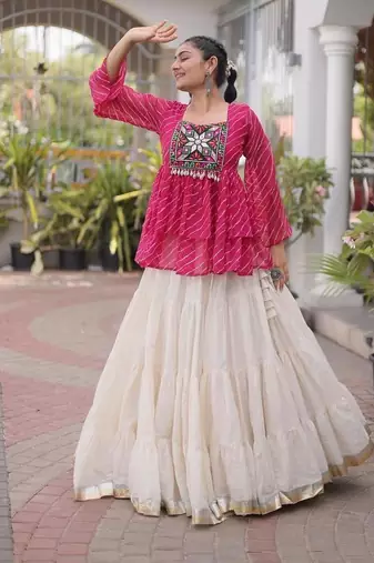 Hot Pink Traditional Kora Cotton Frill Chaniya Choli For Navratri Set & Festive Wear