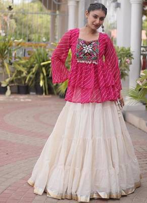 Hot Pink Traditional Kora Cotton Frill Chaniya Choli For Navratri Set & Festive Wear 3